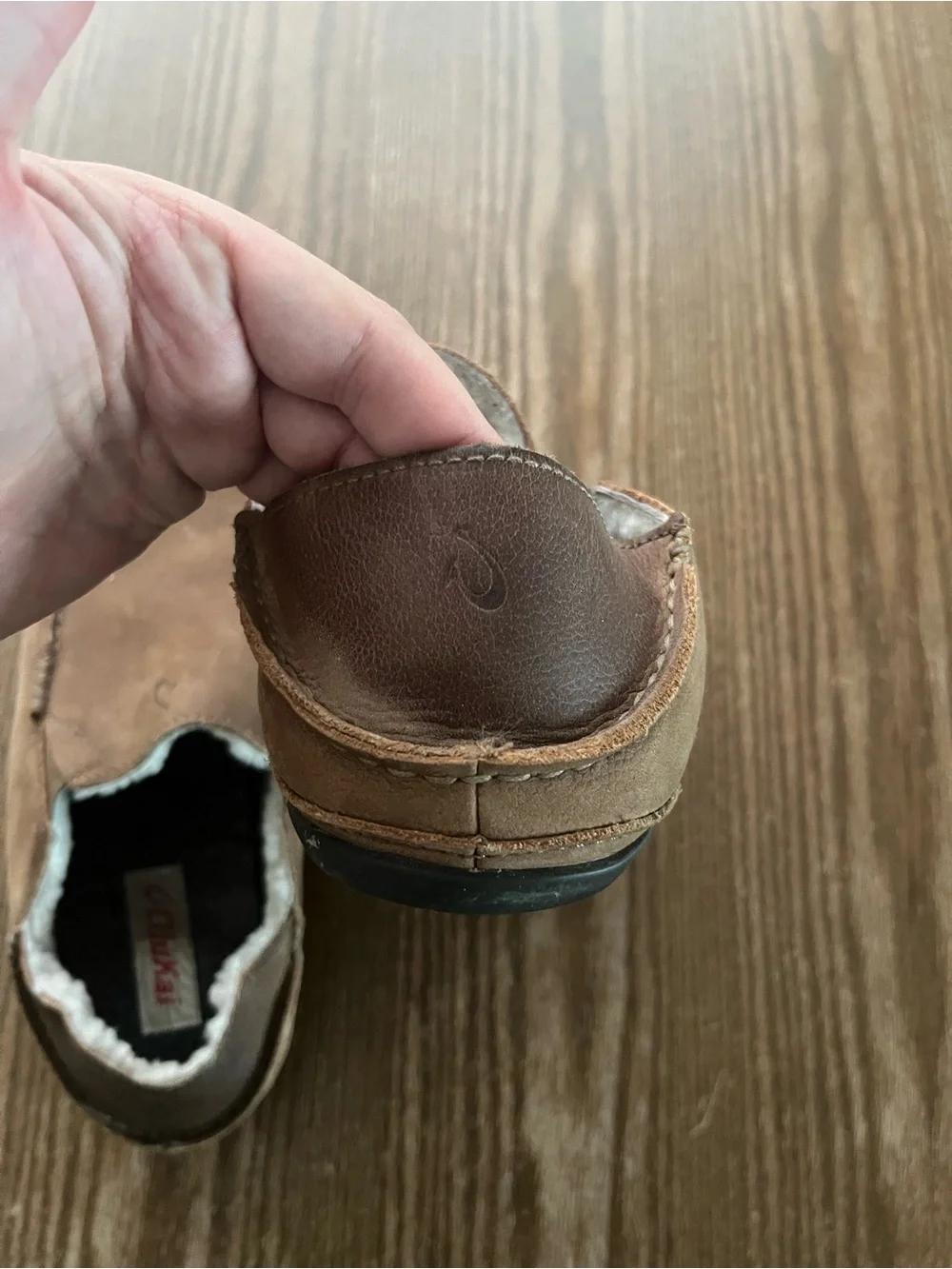 OluKai Men's Brown Leather Slip-On Moccasin Slippers
